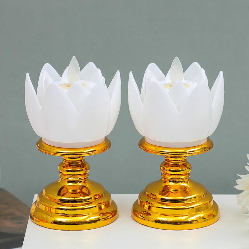2-Pack Temple Flameless LED Lotus Candle with Base Safe and Smokeless Electronic Candle for Party Buddha-karya Festival