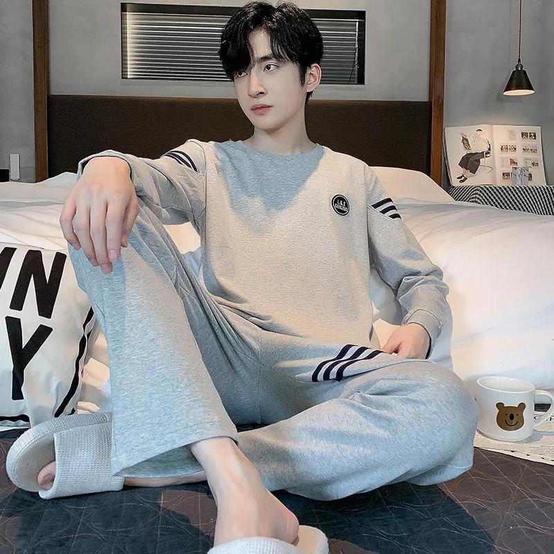 Пижамы мужские весенние и осенние с длинными рукавами, длинные брюки, простая домашняя одежда, тонкий хлопок, мужские большие размеры, весенние модели, костюм для отдыха