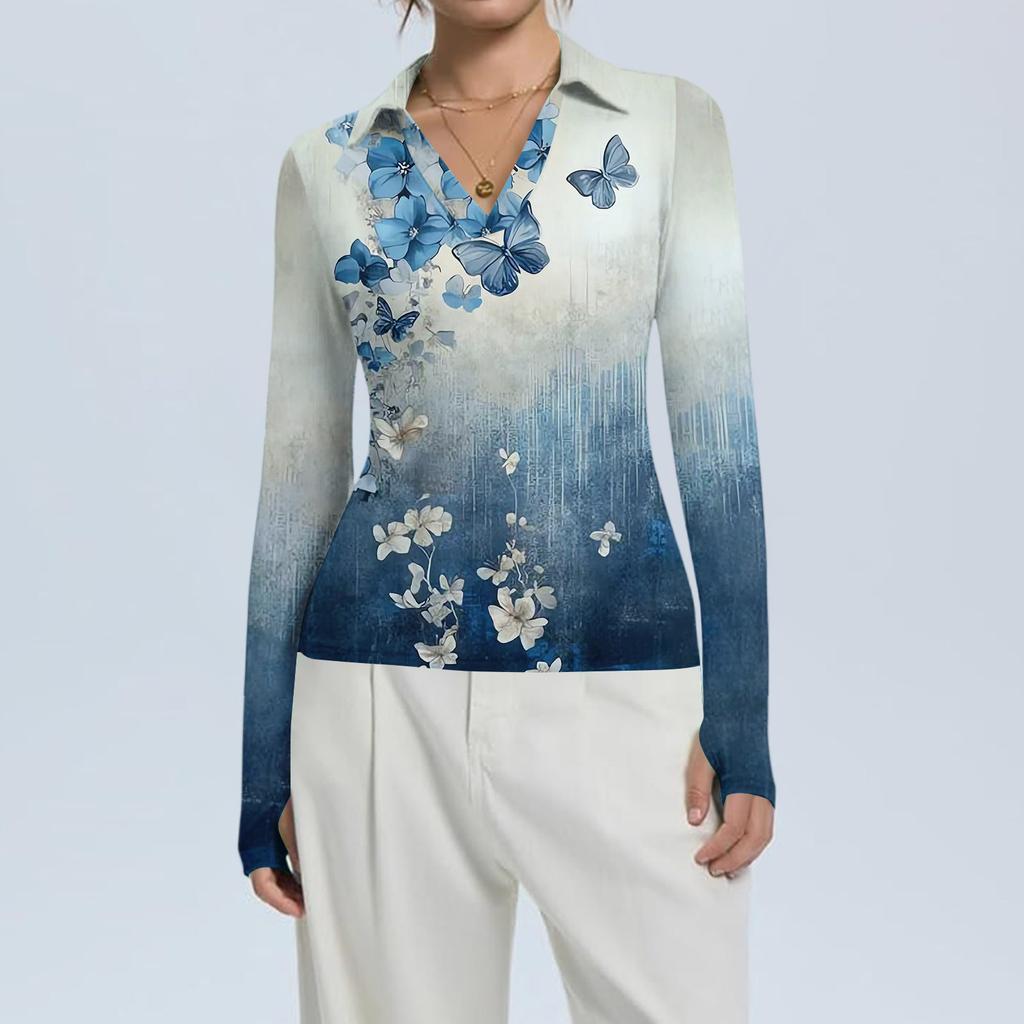 Women's Fashion Casual Print V-Neck Long Sleeve Button-Down Top