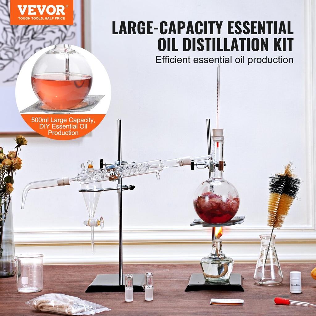 Essential Oil Distillation Kit, 500ml Distillation Apparatus, 3.3 Boro Lab Glassware Distillation Kit with Alcohol Lamp, Ceramic Mesh and 24, 40