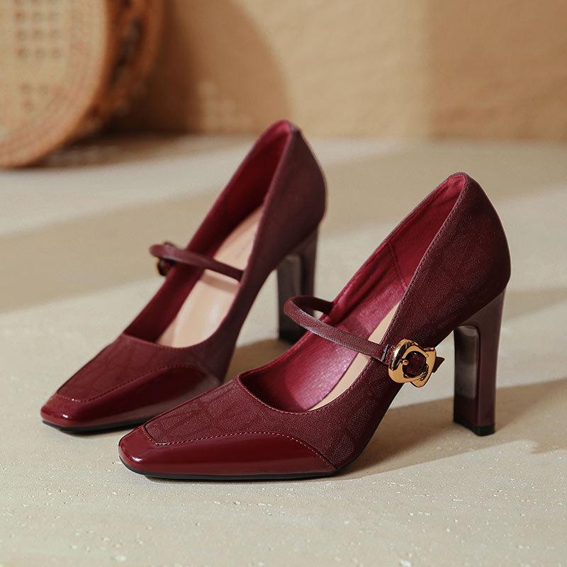 High-heeled Mary Jane Shoes with Red High Heels Thick Heel Sexy 2025 New Splicing French Square Head Shoes