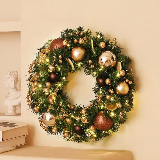 Christmas Wreath for Front Door Artificial Green Pine Needles Teardrop Swag Christmas Garland Decoration with Balls Bows Holiday Decor