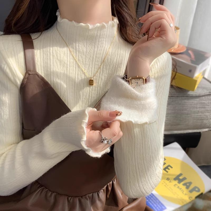White Bottomed Shirt Women's New Autumn and Winter with Semi-turtleneck Sweater with Fungus Edge Knitted Sweater Top