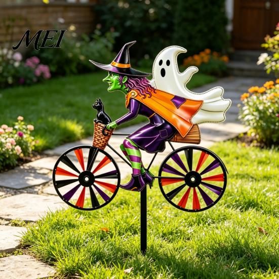 Yard Art for Garden Halloween Wizard/Ghost/Black Cat/Skeleton Bicycle Ground Stake Ornament, Metal Stakes, Patio And Balcony Ornaments Decorative