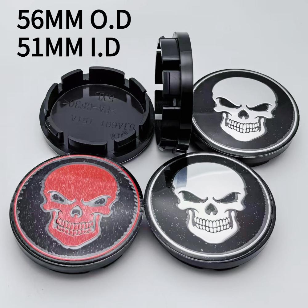 4pcs 56MM ( 51MM I.D) Skull Logo Emblem Car Wheel Center Caps Styling Accessories for Rim Wheels Hub Hubcaps Cover Badge Replace