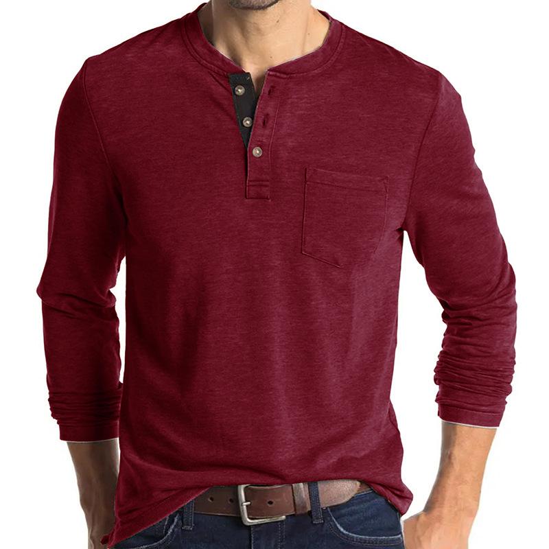 Beauty Vintage Casual Round Neck T-shirt Men's Solid Button Patchwork Pocket Trendy Versatile Cotton Breathable Long Sleeve Top