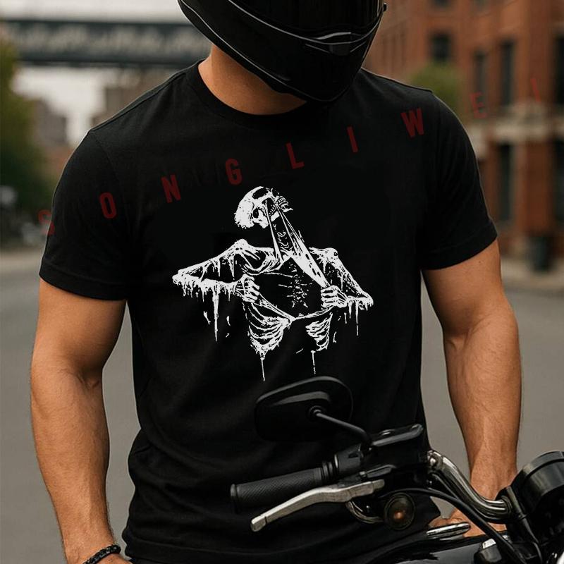 Skull Design Printed Motorcycle T-Shirt Cotton Men Summer TShirts Casual Short Sleeve Round Nec