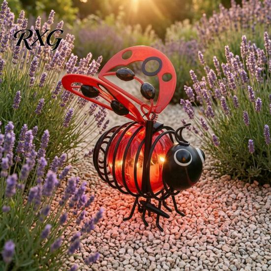 Iron Bee Statue with Lights 2Pcs Solar Hanging Lanterns, Waterproof Decorative Garden Lights, Cute Metal Yard Ornaments Insect Night for Patio