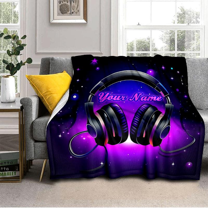 1PC Custom Name Music Headphones Night Theme flannel blanket versatile,all-season throw suitable for the living room,bedroom,camping,travel,and gift