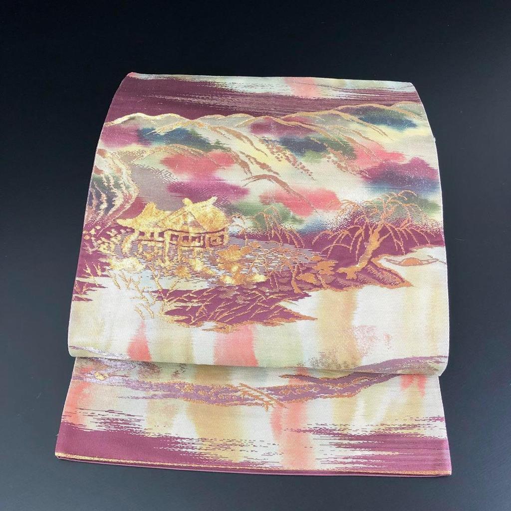 Used SO-478 Fukuro obi, 6 pieces, pure silk, landscape pattern, gold and silver thread, unmade, masterpiece