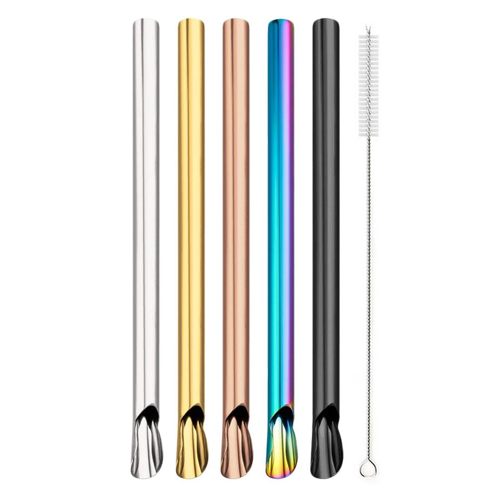6Pcs 304 Stainless Steel Reusable Straw Set Pearl Milkshake Bubble Tea Straw with Brush Stirring Smoothie Spoon Shaped Straw Set