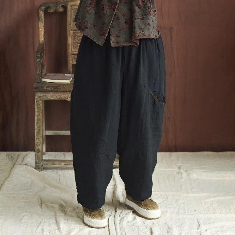 Johnature Женские винтажные шаровары, лоскутные свободные карманы, зимние брюки, теплые плюс хлопковые длинные брюки