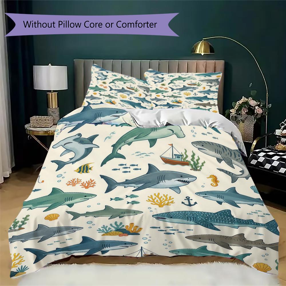 All Over Sharks Pattern Bedding uilt Set uilt Cover Pillowcase Home Decoration Birthday Gift (1 * duvet cover + 2 * pillowcase without core)