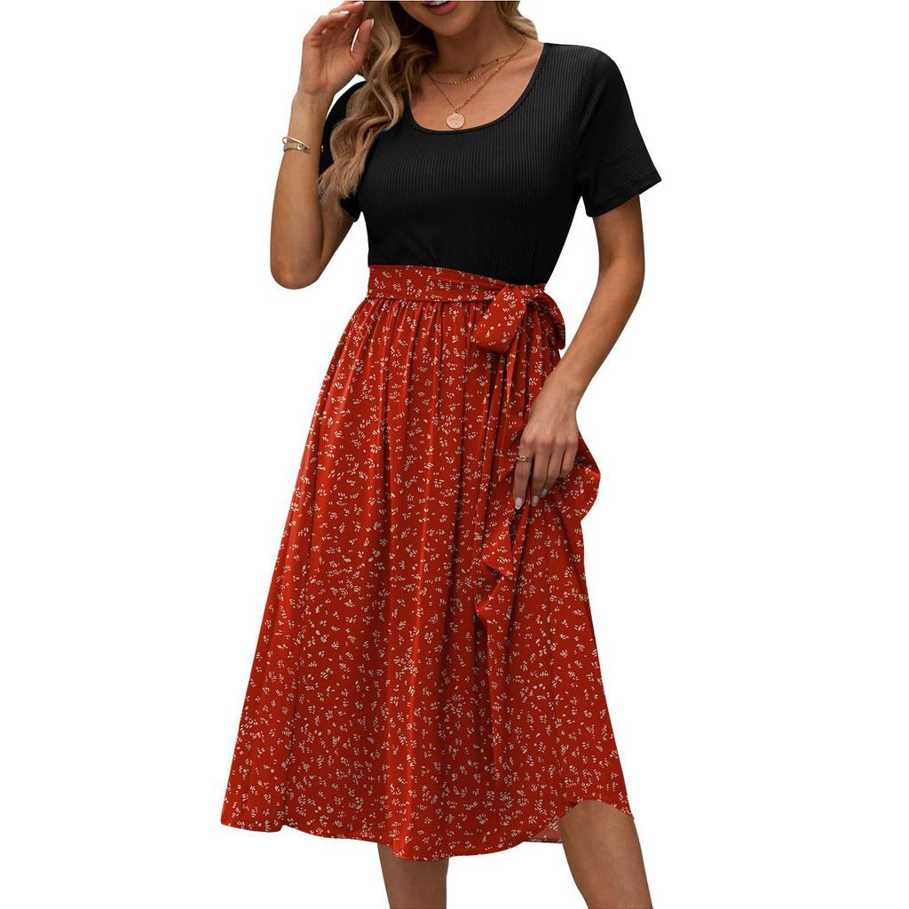 Платья миди, женское лоскутное платье с цветочным принтом, удобное повседневное вечернее платье с коротким рукавом и круглым вырезом