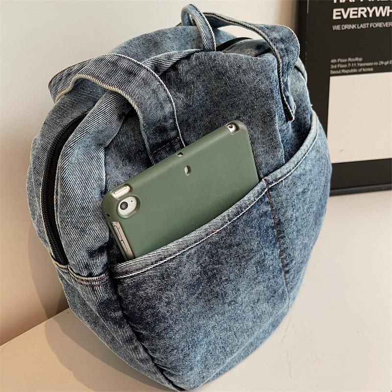 Bow Round Shape Denim Bag For Women Streetwear Fashion Large Capacity Casual Purse