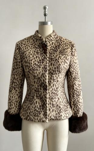 Women's Vintage Cheetah Print Faux Fur Coat Stand Collar Single-Breasted Waist-Tight Fuzzy Jacket