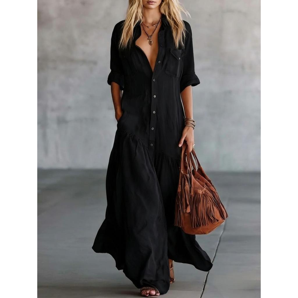 Women's Casual Dresses - Bohemian V-neck Shirt Collar Mid-length Loose Flowy Swing Vacation Dress Women