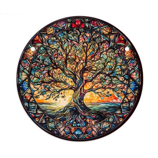 Round Stained Glass Style Window Hangings 5.9 Inch Colorful Sun Catcher with Chain for Indoor Outdoor Decor Light Reflection Artistic Gift