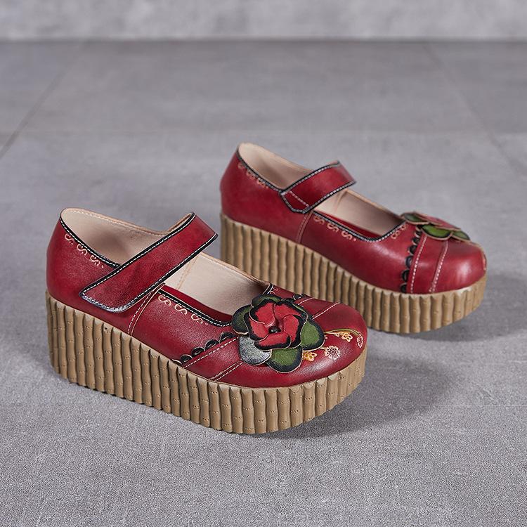 Модные туфли-лодочки GKTINOO в стиле ретро, женская обувь из натуральной кожи на липучке, новая весна 2025, круглый носок, цветочный принт, ручная работа, лаконичные туфли на платформе