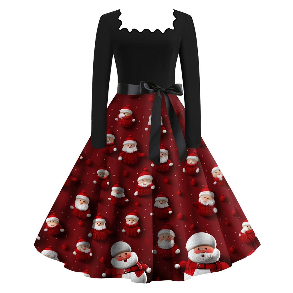 Женские повседневные модные платья с длинными рукавами и рождественским принтом с квадратным вырезом в винтажном стиле