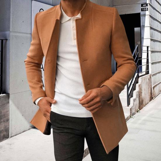 Men Suit Coat, Solid Color, Slim Fit, Single Breasted, Thicken, Trench Coat, Autumn Winter, Windproof, Woolen Jacket