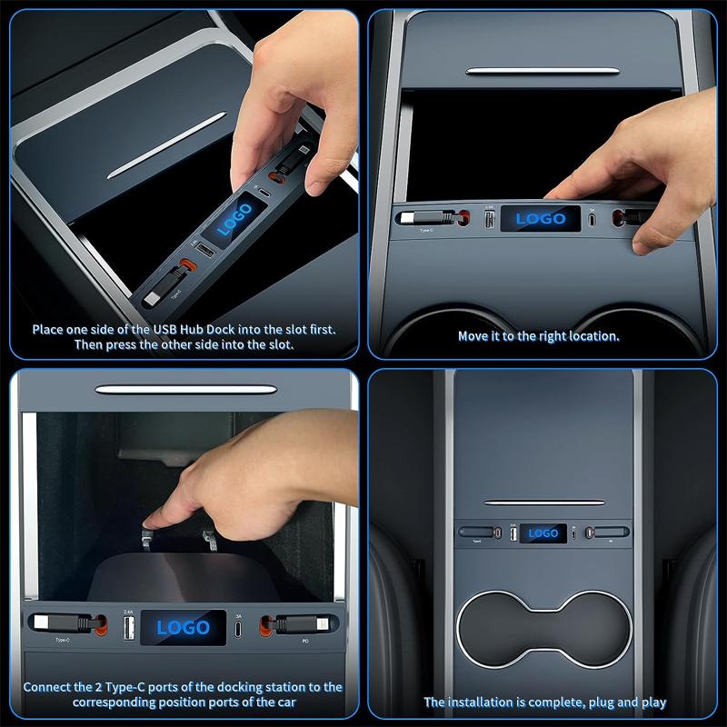 For Tesla Model 3 Y Docking Station 27W PD Type C Hub Quick Charger USB LED Shunt Hub Extension Center Console Smart Sensor 2024