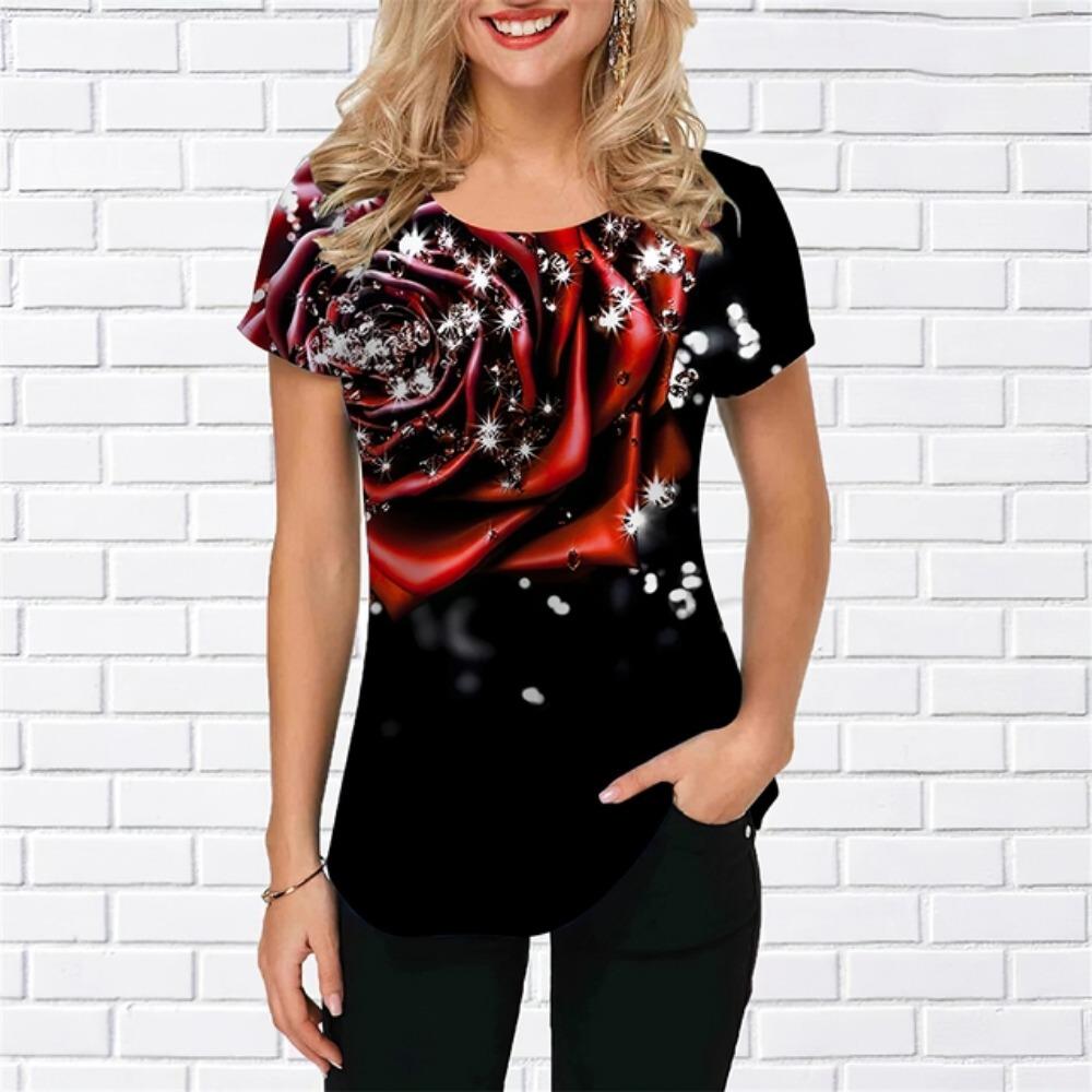 Новая женская роскошная одежда, летняя одежда, футболки с принтом роз 3D, футболки для девочек, уличная одежда с круглым вырезом, свободная одежда Laides 2023