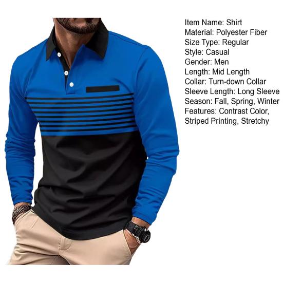 Men Spring Fall Shirt Buttoned Turn-down Collar Contrast Color Striped Prinitng Long Sleeves Pullover Mid Length Casual Business Top