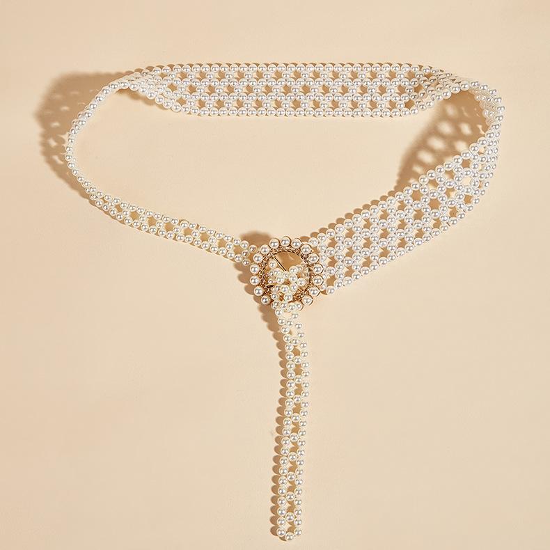Women'S Sweet Temperament String Pearl Belt Elastic Wide Diamond Waist Seal Retro Skirt Decorative Belt