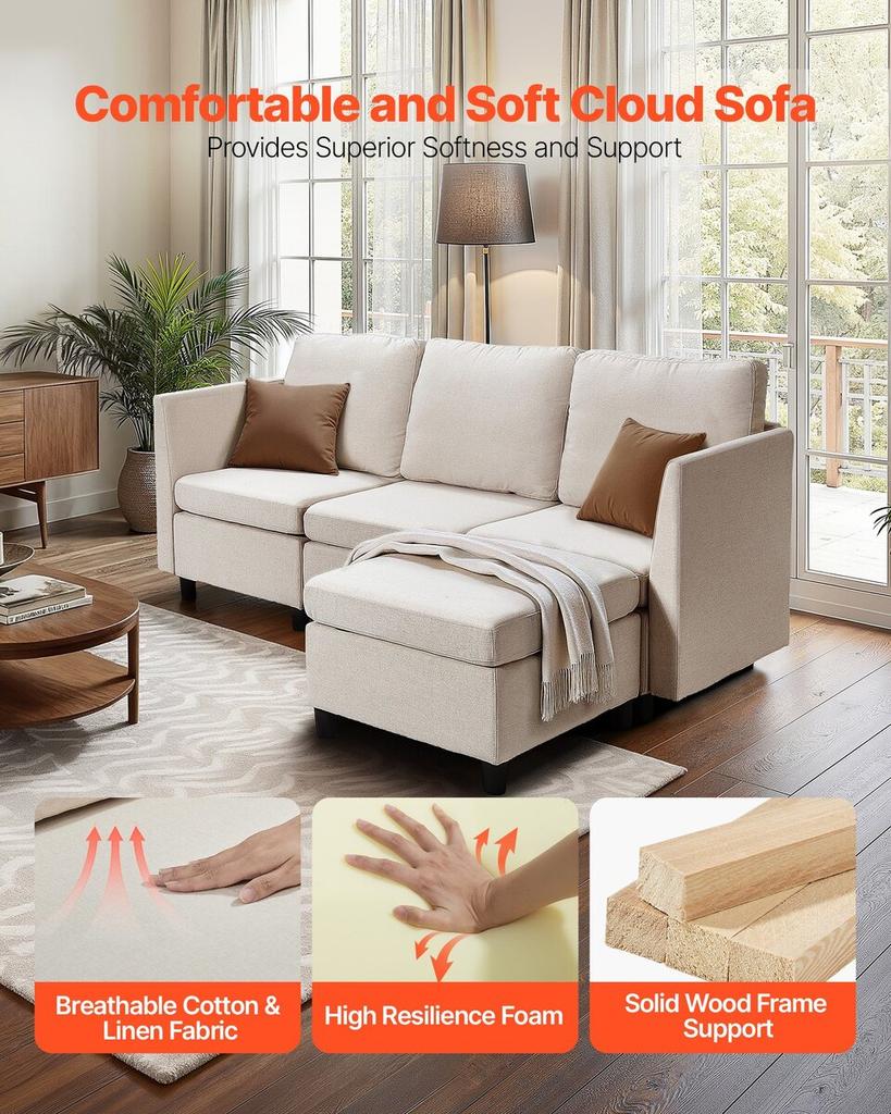 Modular Sectional Sofa, 3-Seater Modular Sofa with Hidden Storage, Cloud Sectional Couch with Ottoman & High Rebound Sponge, Solid Wood Frame