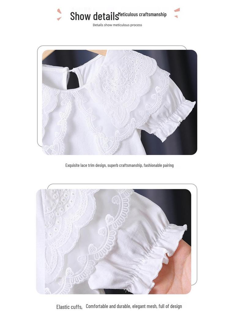 Премиальная хлопковая футболка с белым кружевным воротником для девочек - Летняя с коротким рукавом для детей