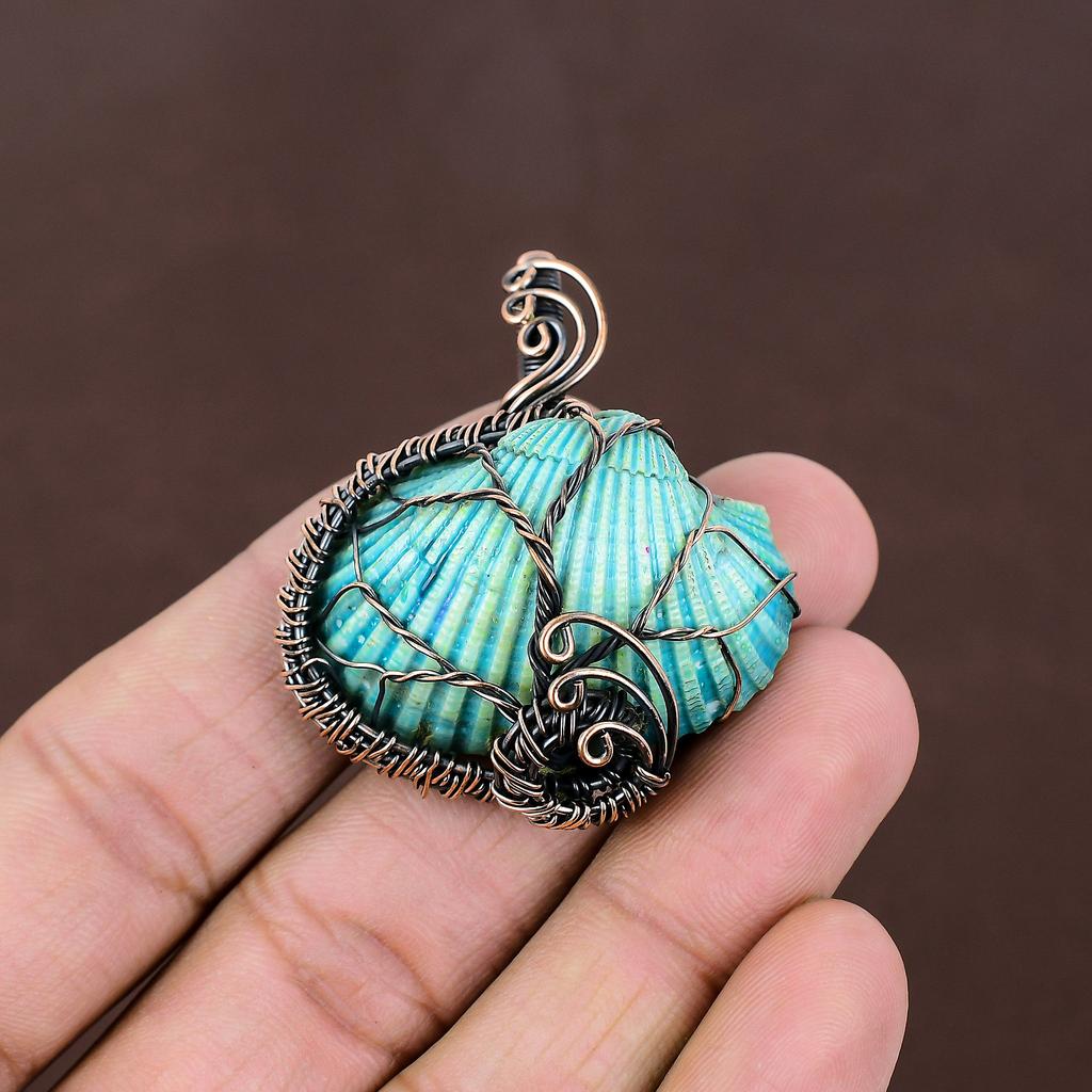 Aqua Titanium Shell Handmade Copper Wire Wrap Pendant 1.77" q9m64