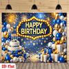 Golden Blue Festive Birthday Celebration with Balloons Gifts Stars Confetti Fireworks Elegant Lighting Sign Polyester Backdrop, for Party