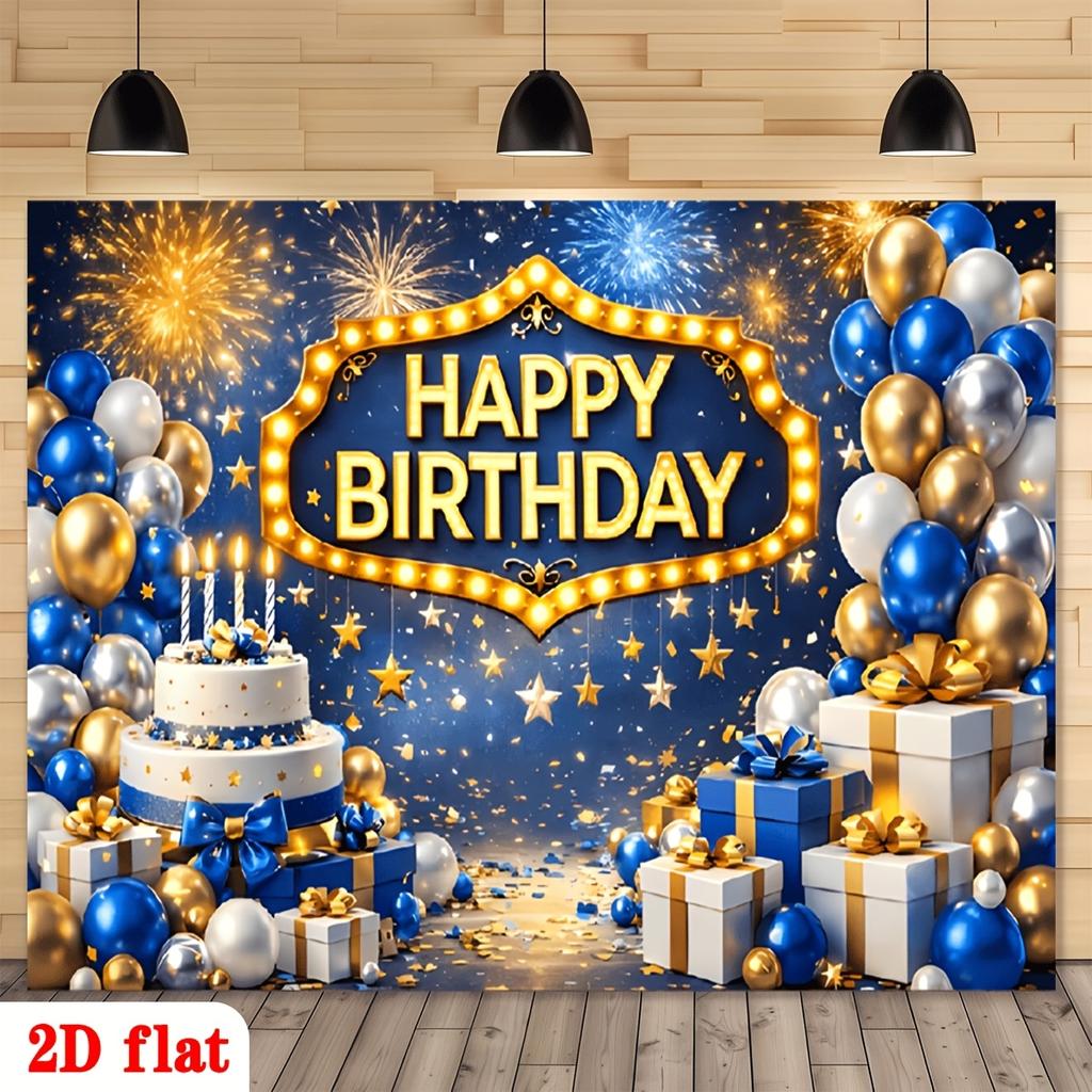 Golden Blue Festive Birthday Celebration with Balloons Gifts Stars Confetti Fireworks Elegant Lighting Sign Polyester Backdrop, for Party