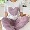 "Women's Autumn Sweet Love Pajama Set: Round Neck, Short Sleeve & Trousers - Comfy 2-Piece Homewear"