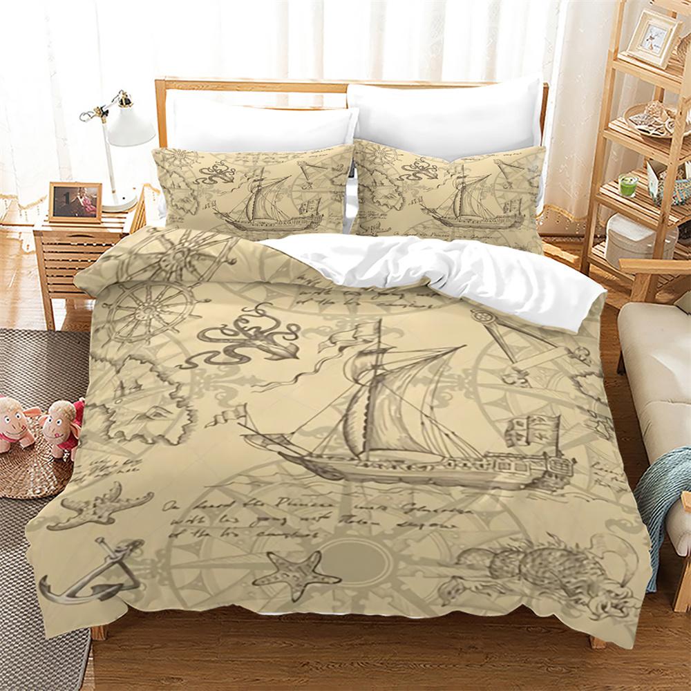 Комплект пододеяльников с пиратскими кораблями, винтажный комплект постельного белья из полиэстера в морском стиле, средневековый парусный корабль, размер King Queen