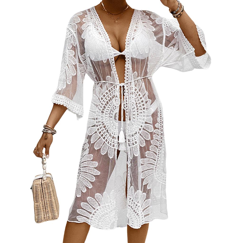 Женское бикини, накидка с цветочной вышивкой, прозрачное кружевное пляжное кимоно для купальника, купального костюма, летней одежды