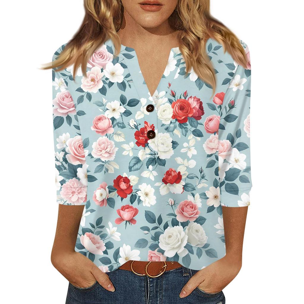 Жен. Футболка С принтом Пуговицы Рукав 3/4 Повседневные Выходные Мода Классический Классический V-образный вырез Обычный Верх