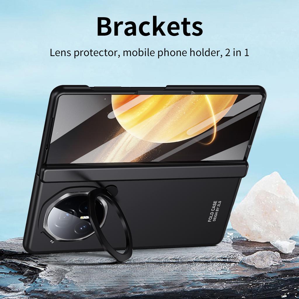 Luxury Business Frosted Plating Hinge Folding Holder Case for Honor Magic V3 Black Gray Ring Bracket and HD Glass Film Front Shockproof Protect Cover