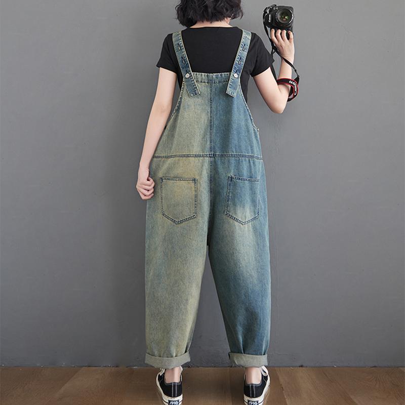 Свободные комбинезоны больших размеров, женские комбинезоны, весенние повседневные джинсовые комбинезоны на бретелях, винтажные джинсовые брюки с нашивками, мешковатые комбинезоны