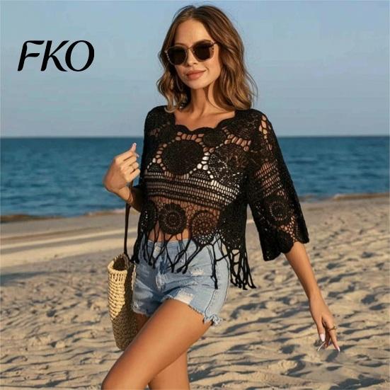 Spring Autumn Layering Top Women Crochet Tops, Round Neck 3/4 Flared Sleeves Cover Up, Hollow Lightweight Knit Blouse Sun Protection
