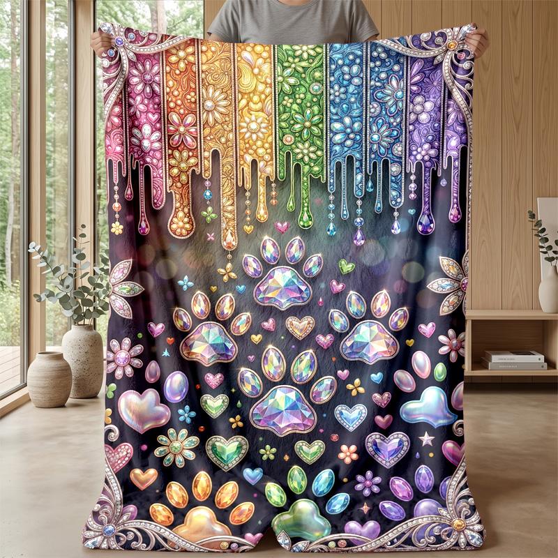 Rainbow Gemstone Paw Prints Theme blanket Lightweight Warm Flannel Blanket Decorative Throw Blanket for Home Decoration