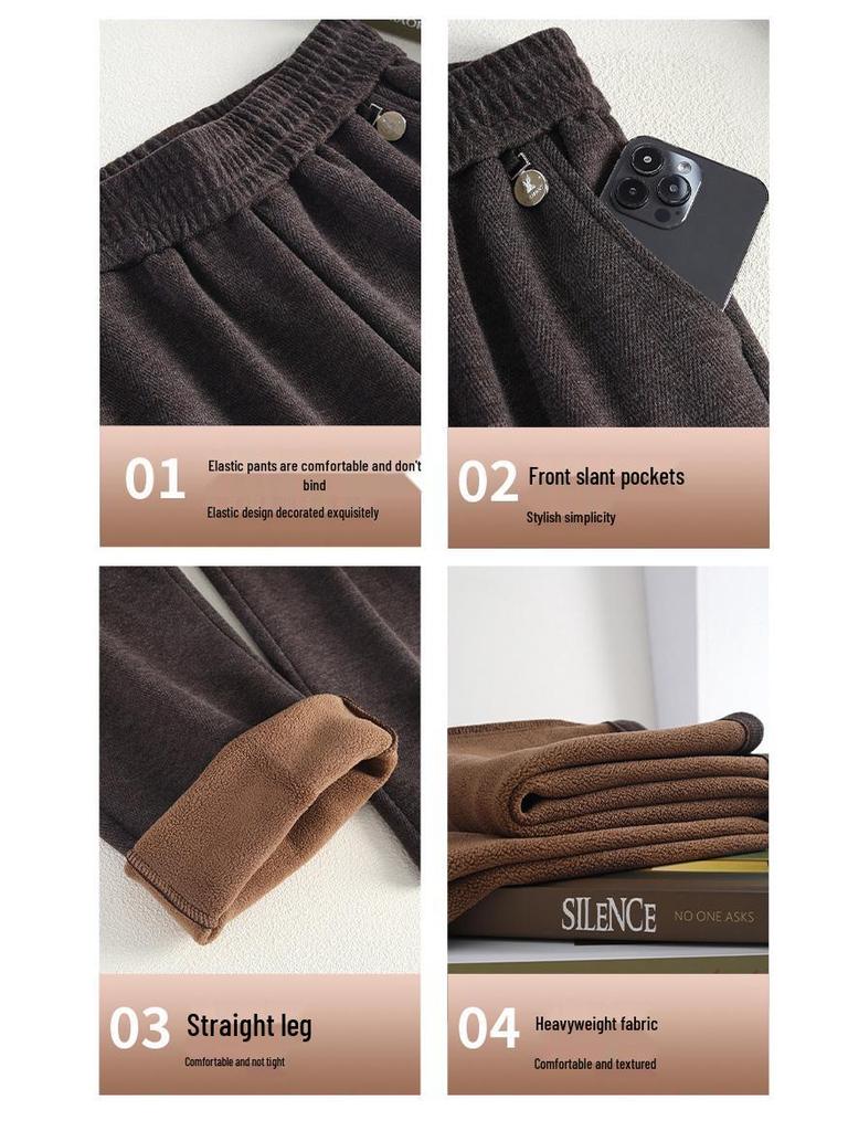 Women's Fleece-Lined Elastic Waist High-Waist Loose Straight-Leg Pants for Spring and Autumn