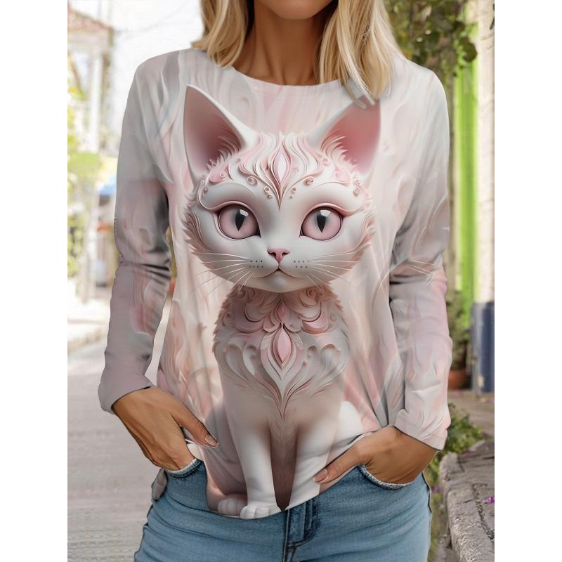 Autumn and Winter Women's Long Sleeve 3D Printed Kitten Cute Print T-Shirt Women's Streetwear Round Neck Long Sleeve