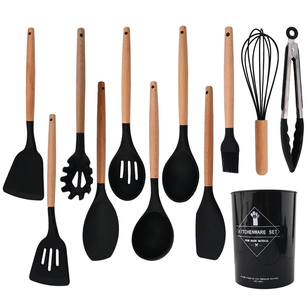 Зеленый силиконовый набор кухонных принадлежностей, антипригарная посуда, лопатка, венчики для яиц, деревянная ручка, набор кухонных инструментов