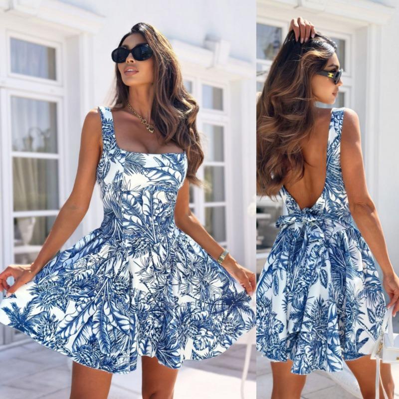 Новое летнее платье с квадратным вырезом на спине и бантом, с милым принтом