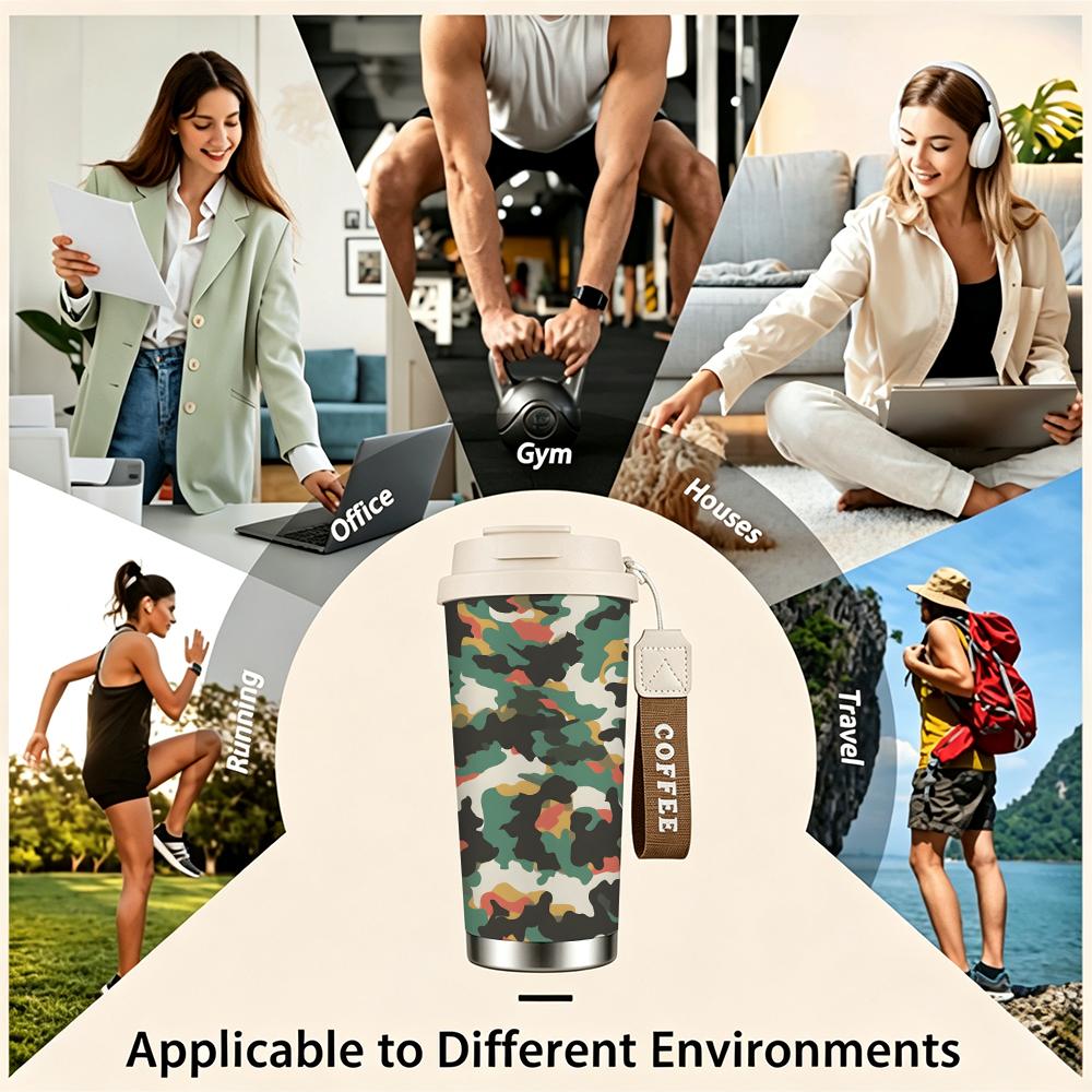 Camo Print Outdoor Adventure Gear Insulated Coffee Tumbler Stainless Steel Travel Mug, Leakproof Reusable Cup for Hiking Camping