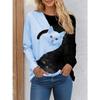 Женская футболка Футболки с цветным рисунком кота, черно-белые, с длинным рукавом, на каждый день, на выходные, с забавным круглым вырезом, стандартный крой, весна и осень