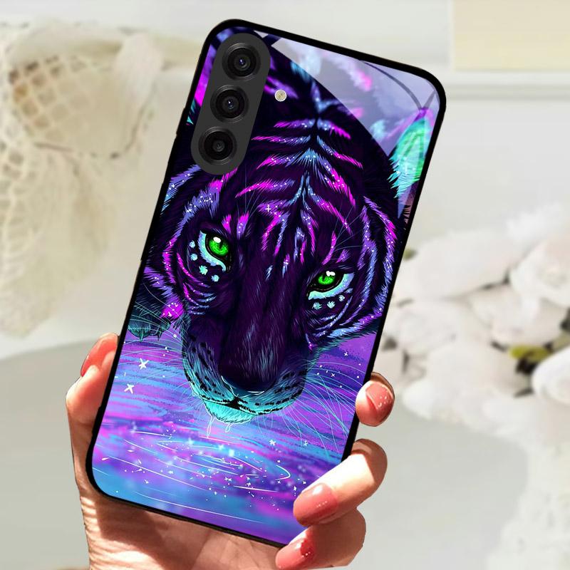 Чехол для Samsung Galaxy S25FE Модный Чехол-бампер с изображением Льва и Цветов из Закаленного Стекла Ударопрочный Защита Камеры для Galaxy S25 S 25 FE