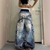 Womens High-Waisted Wide-Leg Denim Pants With 3D Digital Print Hip-Hop West Coast Streetwear Style Fall Loose Fit